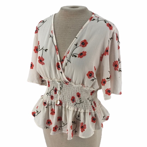 Blush Tops - Blush Cross Front Peplum Floral Blouse